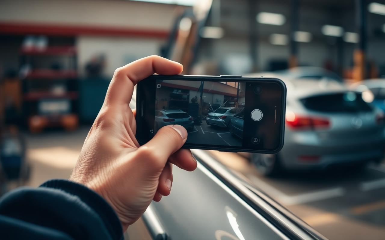Hand fotografiert Lackschaden am Auto mit dem Smartphone