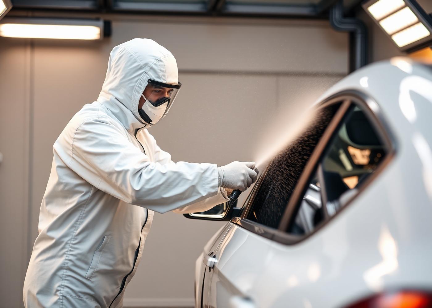 Lackierer bei der Arbeit in der Lackierkabine bei Auto Color Studio Rastede